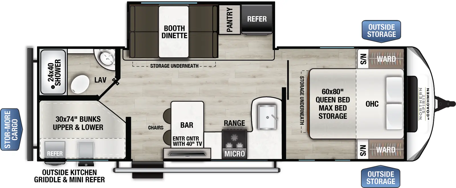 The Northern Spirit 2457BH floorplan has one entry and one slide out. Exterior features include: metal exterior, 20' awning and outside kitchen. Interiors features include: bunk beds and front bedroom.